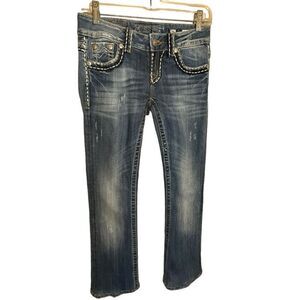 Miss Me Womens Size 26 Irene Boot Cut Denim Jeans Blue Distressed Thick Stitch